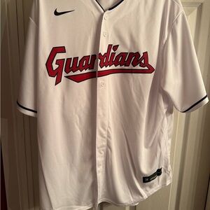 Nike White and Red Cleveland Guardians Stitched Lettering Baseball Jersey